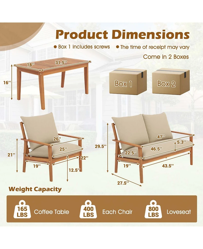 Gymax Set of 4 Patio Acacia Wood Furniture Set w/ Soft Cushions & Coffee Table
