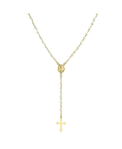 Bling Jewelry Dainty Religious Guardian Angel Rosary Necklace with White Simulated Pearls Gold Plated Brass