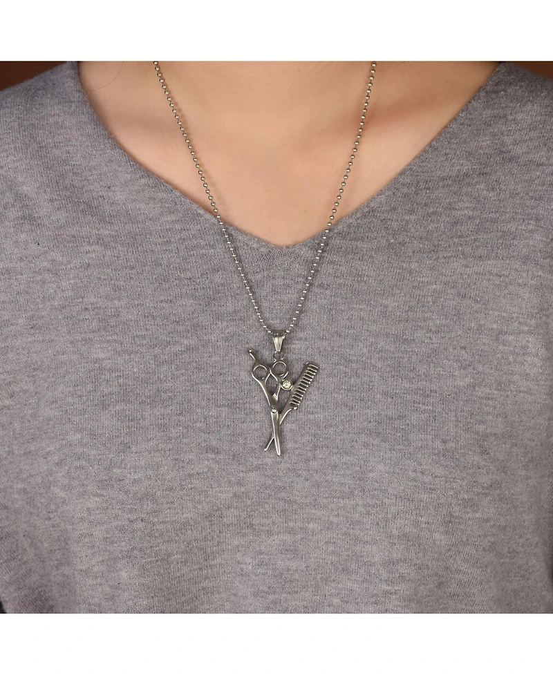 Bling Jewelry Whimsical Scissors Comb Pendant Necklace Crystal Accent Stainless Steel Chain