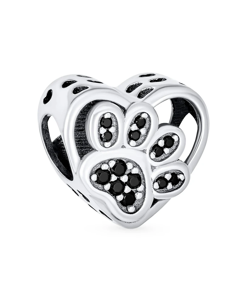 Bling Jewelry Black Cz Heart Paw Print Charm Bead Pet Lovers - Fits European Bracelet