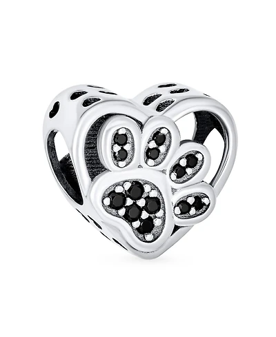 Bling Jewelry Black Cz Heart Paw Print Charm Bead Pet Lovers - Fits European Bracelet
