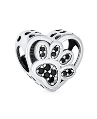 Bling Jewelry Black Cz Heart Paw Print Charm Bead Pet Lovers - Fits European Bracelet