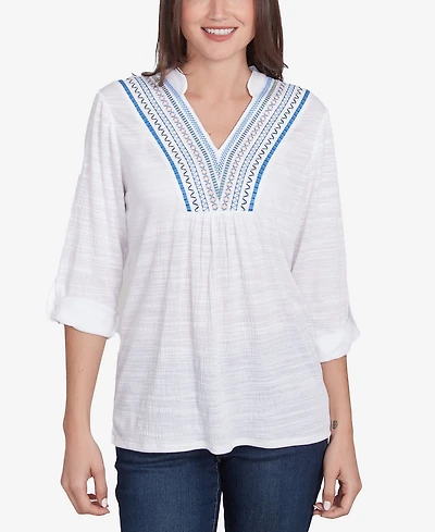 Ruby Rd. Petite Soft Relaxed Textured Trim V-Neck Top