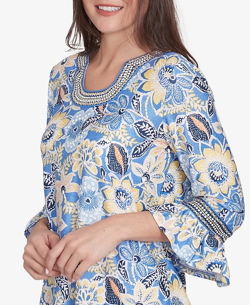 Ruby Rd. Petite Bohemian Floral Puff Print Crew Neck Top