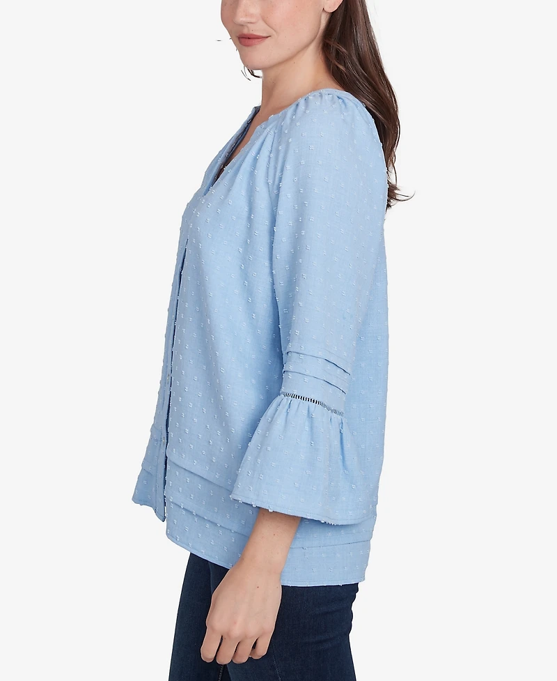 Ruby Rd. Petite Clip Dot Button Front Flared V-Neck Top