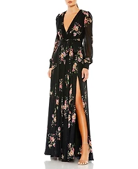 Women's Belted Floral Print Illusion Long Sleeve Gown