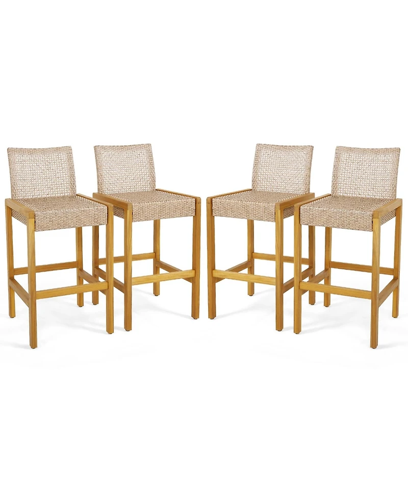 Set of 4 Patio Wood Barstools Rattan Bar Height Chairs with Backrest Porch Balcony
