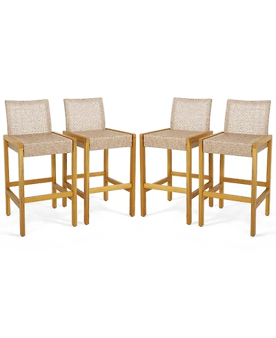 Set of 4 Patio Wood Barstools Rattan Bar Height Chairs with Backrest Porch Balcony