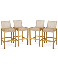 Set of 4 Patio Wood Barstools Rattan Bar Height Chairs with Backrest Porch Balcony