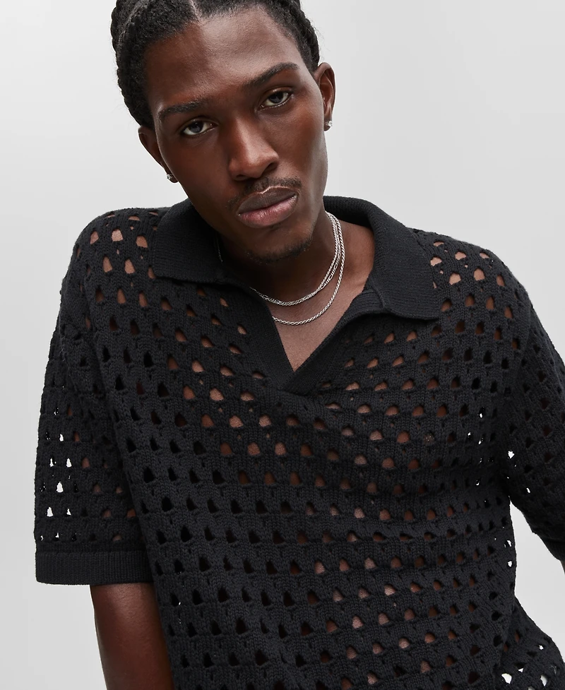 Mode of One Men's Johnny-Collar Open-Stitch Short-Sleeve Sweater, Exclusively at Macy's