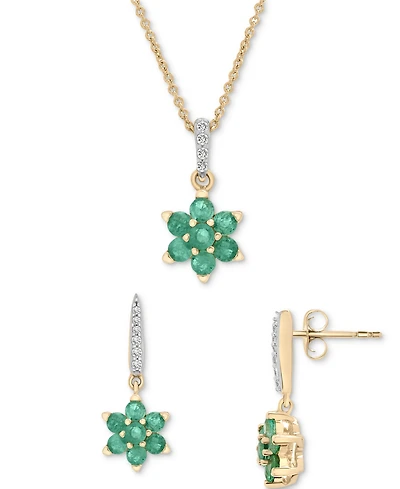 Emerald (1-1/20 ct. t.w.) & Diamond (1/20 ct. t.w.) Flower Pendant Necklace & Drop Earrings Set in 14k Gold over Sterling Silver