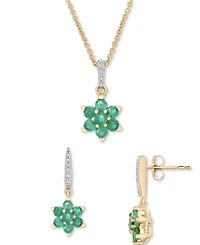 Emerald (1-1/20 ct. t.w.) & Diamond (1/20 ct. t.w.) Flower Pendant Necklace & Drop Earrings Set in 14k Gold over Sterling Silver