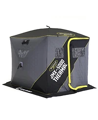 Clam 17485 Portable 6 Person 9 Foot Jason Mitchell X5000 Pop Up Ice Fishing Angler Thermal Hub Shelter Tent with Anchor Straps and Carrying Bag