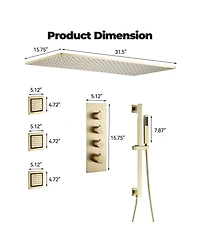 Luxury Thermostatic Shower System with Body Jets, Square Rainfall Head Handheld Shower, Temperature Control, Brushed Gold