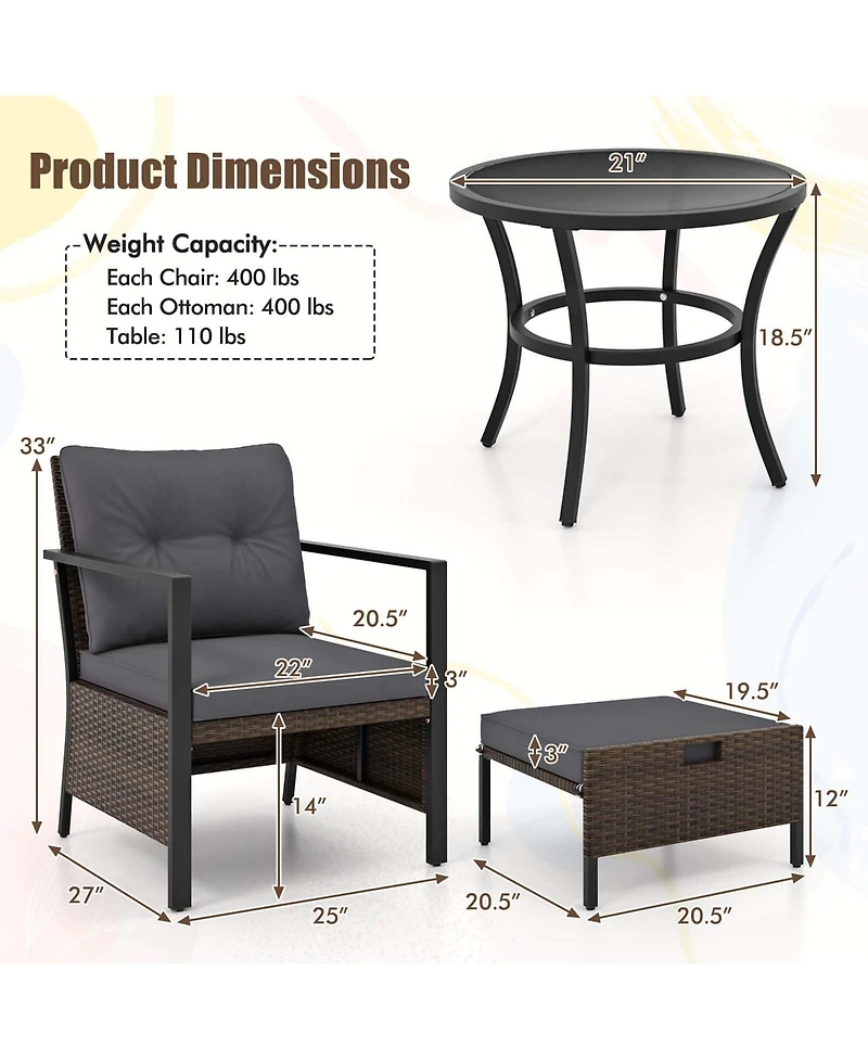 Gymax Set of 5 Furniture Rattan Chairs & Ottomans w/ Glass Topped Coffee Table Patio