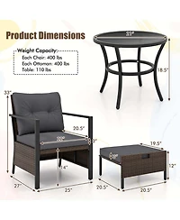 Gymax Set of 5 Furniture Rattan Chairs & Ottomans w/ Glass Topped Coffee Table Patio