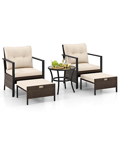 Gymax Set of 5 Furniture Rattan Chairs & Ottomans w/ Glass Topped Coffee Table Patio
