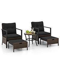 Gymax Set of 5 Furniture Rattan Chairs & Ottomans w/ Glass Topped Coffee Table Patio