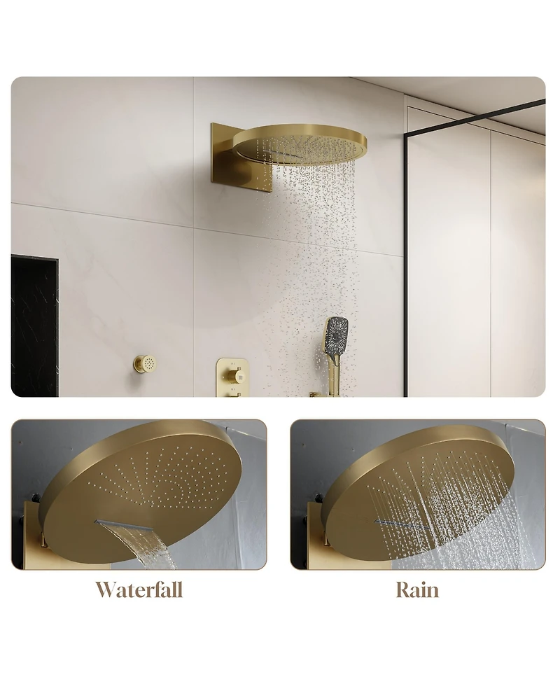3-Function Wall Mounted 16" Thermostatic Shower System with Body Jets, 2-Mode Rainfall Showerhead, 3-Spray Handheld, Brushed Gold