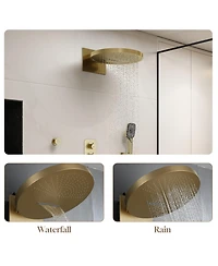 3-Function Wall Mounted 16" Thermostatic Shower System with Body Jets, 2-Mode Rainfall Showerhead, 3-Spray Handheld, Brushed Gold
