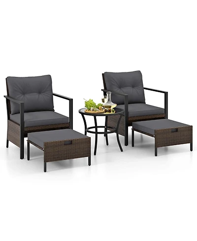 Gymax Set of 5 Furniture Rattan Chairs & Ottomans w/ Glass Topped Coffee Table Patio