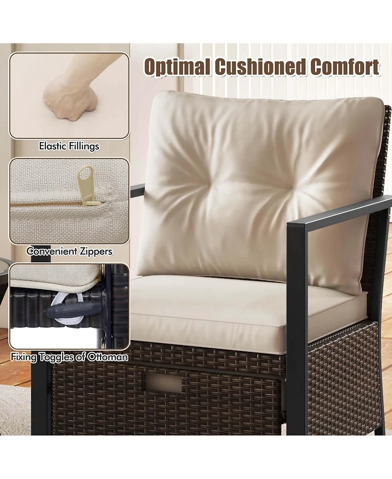 Gymax Set of 5 Furniture Rattan Chairs & Ottomans w/ Glass Topped Coffee Table Patio