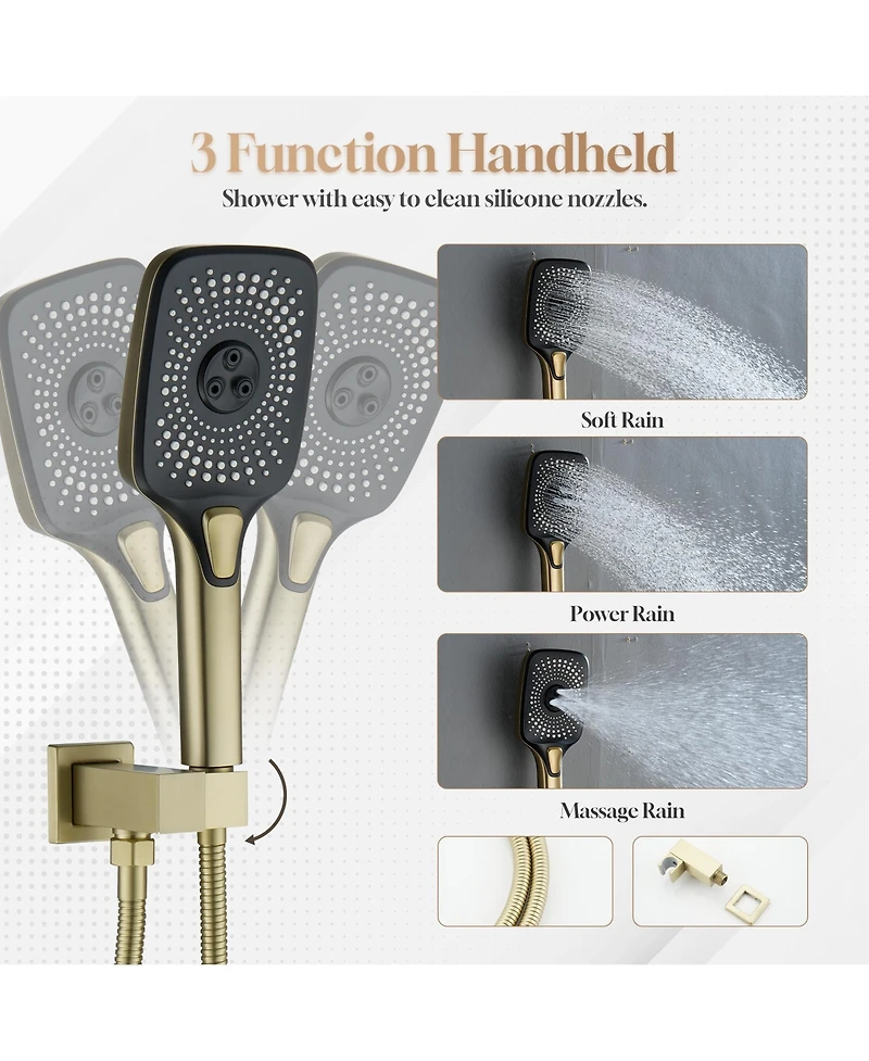 3-Function Wall Mounted 16" Thermostatic Shower System with Body Jets, 2-Mode Rainfall Showerhead, 3-Spray Handheld, Brushed Gold
