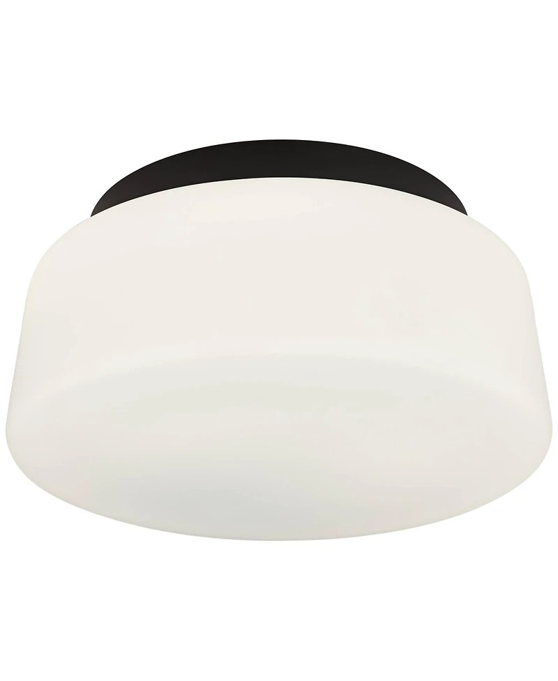 Possini Euro Design Buckley 13" Modern Flush-Mount Ceiling Light Fixture Kitchen Foyer Hallway Drum Round Black Finish White Glass