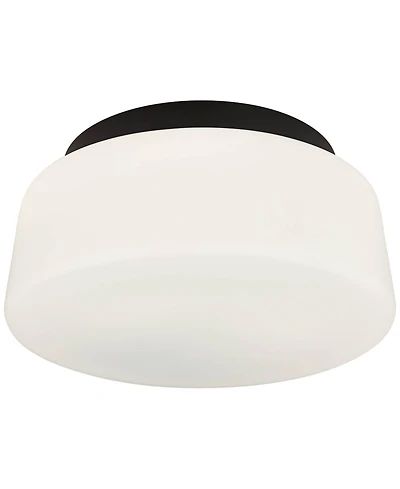 Possini Euro Design Buckley 13" Modern Flush-Mount Ceiling Light Fixture Kitchen Foyer Hallway Drum Round Black Finish White Glass