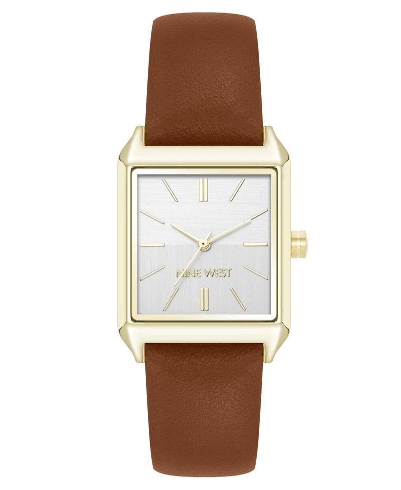 Nine West Women's Quartz Rectangular Gold-Tone and Polyurethane Leather Band Watch