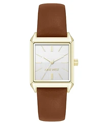 Nine West Women's Quartz Rectangular Gold-Tone and Polyurethane Leather Band Watch