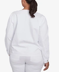 Ruby Rd. Plus White Stretch Denim Embroidered Jacket