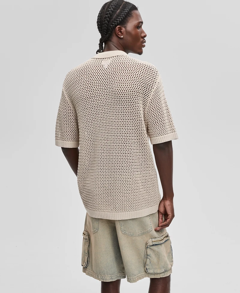 Mode of One Men's Polo-Collar Open-Stitch Short-Sleeve Sweater, Exclusively at Macy's