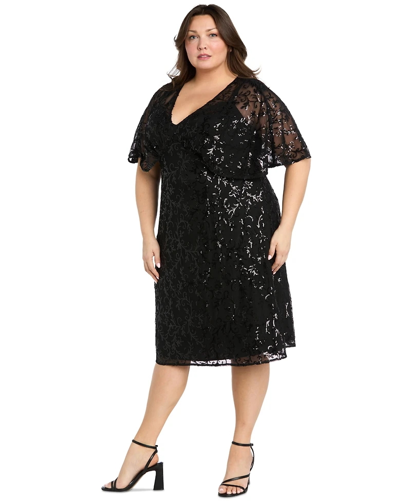 R & M Richards Plus Cape-Sleeve Sequin Empire-Waist Dress