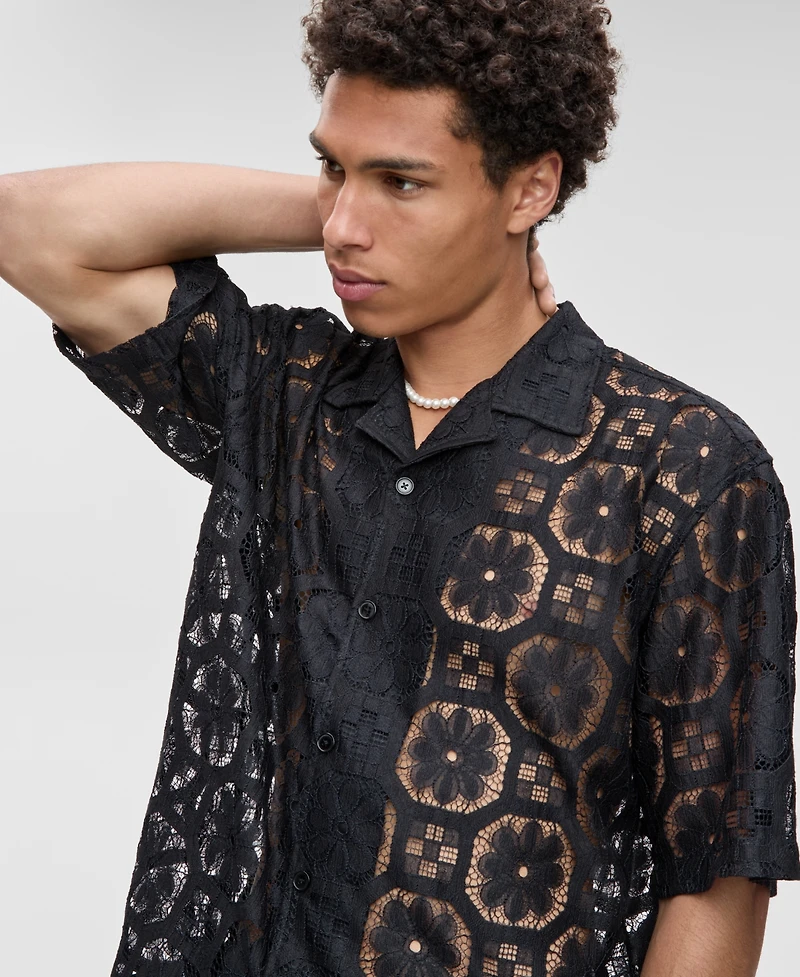 Mode of One Men's Relaxed-Fit Textured Geometric Lace Button-Down Camp Shirt, Exclusively at Macy's