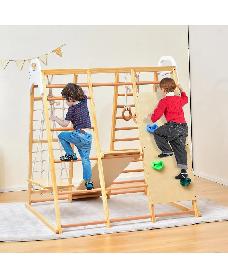 8-in-1 Wooden Jungle Gym Playset with Slide and Monkey Bars For Outdoor Play