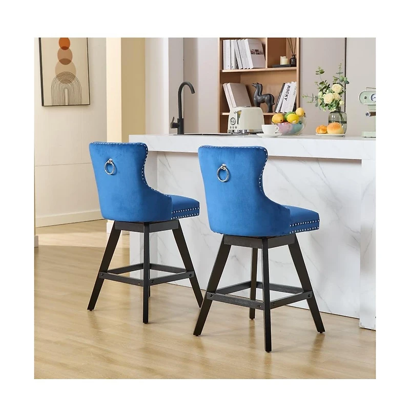 Swivel Velvet Counter Stools with Tufted Back, Nailhead Trim & Wooden Legs, Set of 2-The Pop Home