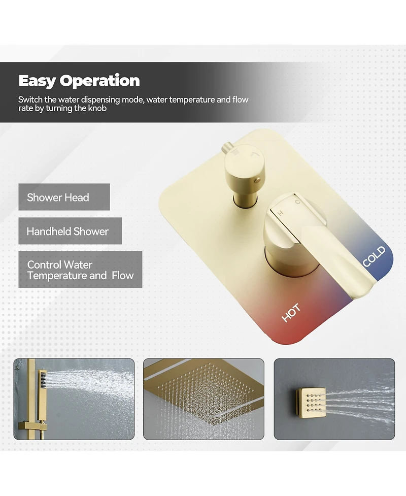 Luxury Shower System Square Top Spray with Body Jets, Led Light Single-Function Handle, and Adjustable Lifting Rod for Bathroom, Brushed Gold