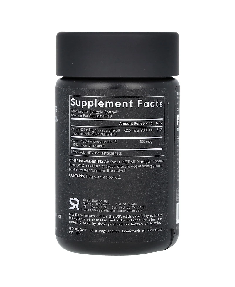 Sports Research D3 + K2 Plant-Based 62.5 mcg/100 mcg