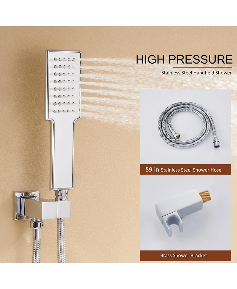 Chrome Luxury Temperature Thermostatic Shower System wtih Handheld Sprayer Wall Mount Rain Dual Shower Heads with 3 Body Jet