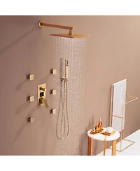 Brushed Gold Wall Mount Thermostatic Rain Shower System with Handheld Shower Shower System with Side Body Jets and Digital Display