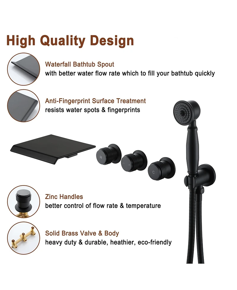 Matte Black Wall Mounted Bathtub Faucet with Handheld Shower Head Brass Wall Mounted Tub Waterfall Spout Bathtub Shower Faucet