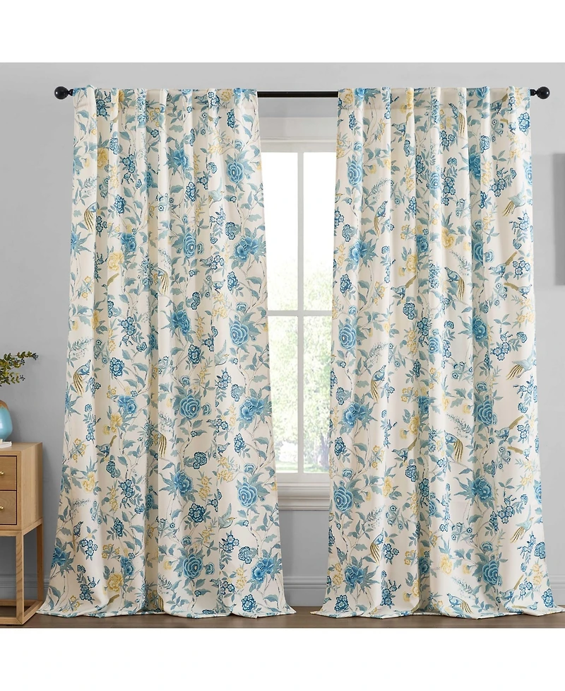 Hlc.me Scarlet Floral & Birds Patterned Back Tab Rod Pocket - Light Blocking Darkening Window Panels, Set of 2 (Grey, 52 W x 84 L)
