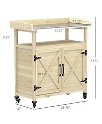Outsunny Outdoor Potting Bench with Storage, Wheels, Natural Wood