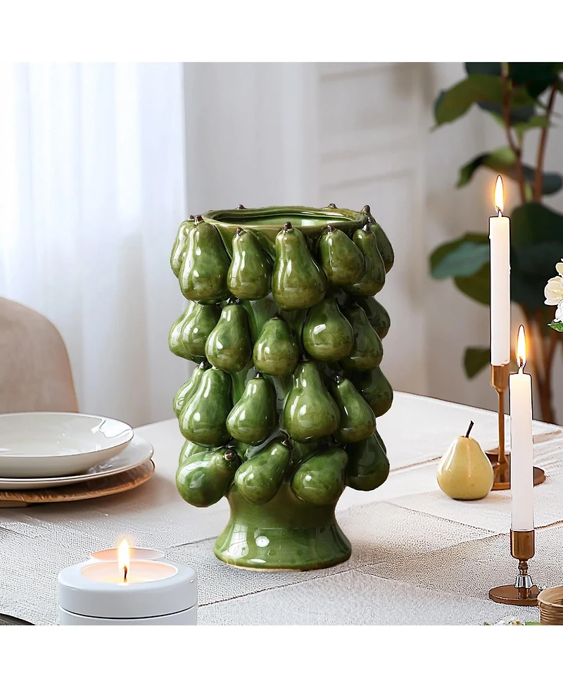 LuxenHome Green Ceramic Modern Pears 12.4-Inch Tall Vase