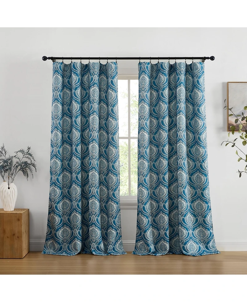 Hlc.me Messina Paisley Damask Patterned Back Tab Rod Pocket Curtains - Light Blocking Darkening Window Panels, Set of 2 (Blue, 52 W x 96 L)