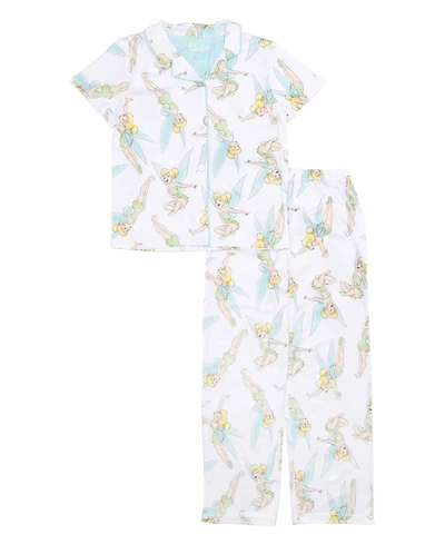 Tinkerbell Little and Big Girls Short Sleeve Button Down Sleep Shirt and Open Leg Pant, 2-Piece Pajama Set
