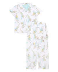Tinkerbell Little and Big Girls Short Sleeve Button Down Sleep Shirt and Open Leg Pant, 2-Piece Pajama Set