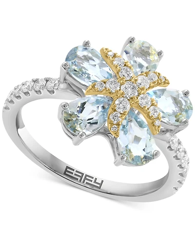 Effy Aquamarine (1-5/8 ct. t.w.) & Diamond (3/8 ct. t.w.) Flower Ring in Sterling Silver & 14k Gold-Plate