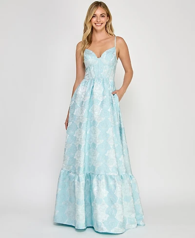 Crystal Doll Juniors' Sleeveless Brocade Corset Gown